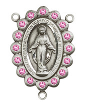 Miraculous Medal With Rose Crystal - .75" - Sterling Silver Centerpiece